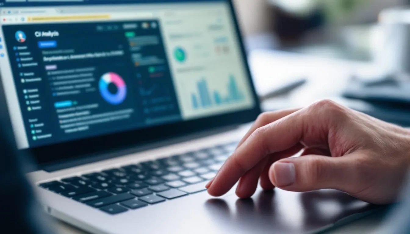 A close-up view of hands typing on a laptop, where the screen displays a CV analysis interface offering instant feedback and suggestions for improvement. This interface is designed to help users optimize their CVs and cover letters for applicant tracking systems, enhancing their chances of landing their dream job.